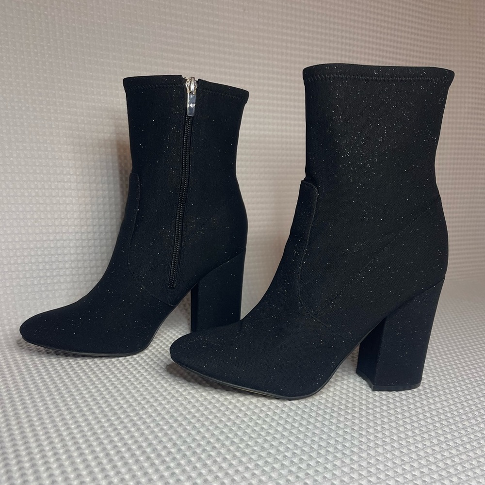 Marc Fisher Black Glitter Block-Heel Ankle Boot
